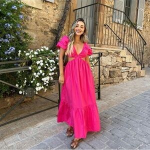 Zara Poplin Cut Out Puff Sleeve Midi Dress Fuchsia
